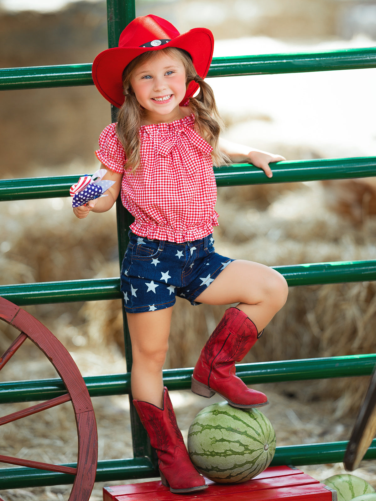 Girls 4th of July Outfits | Plaid Smocked Top & Star Denim Shorts Set