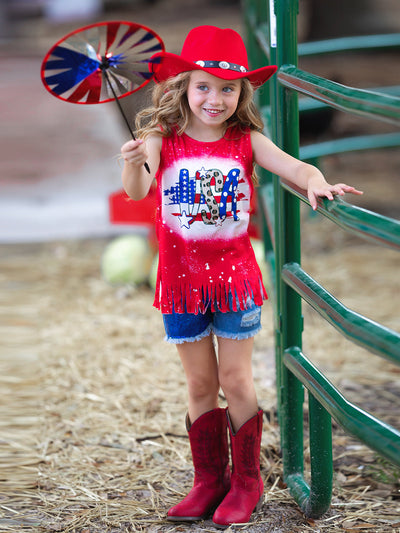 Girls 4th of July Outfits | USA Fringe Top & Sequin Denim Shorts Set