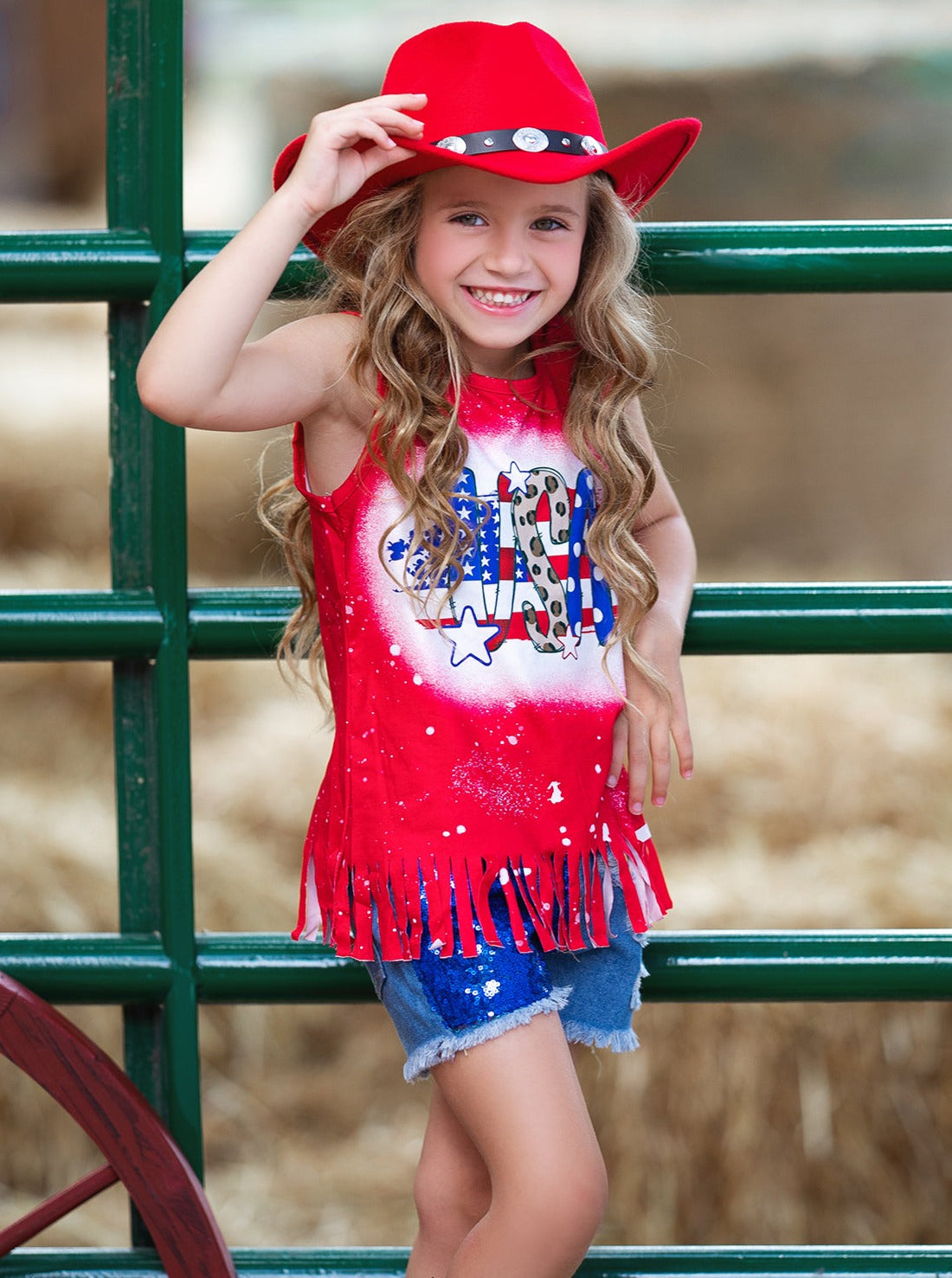 Girls 4th of July Outfits | USA Fringe Top & Sequin Denim Shorts Set