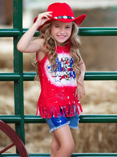 Girls 4th of July Outfits | USA Fringe Top & Sequin Denim Shorts Set