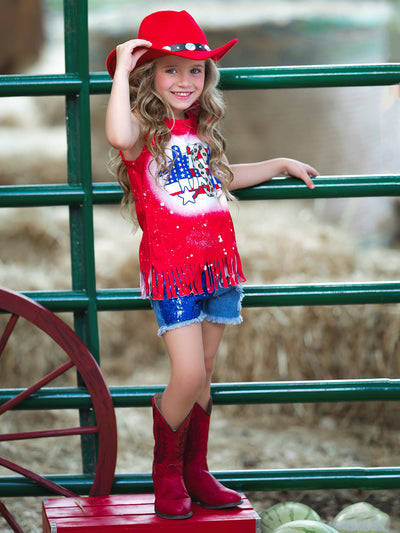 Girls 4th of July Outfits | USA Fringe Top & Sequin Denim Shorts Set