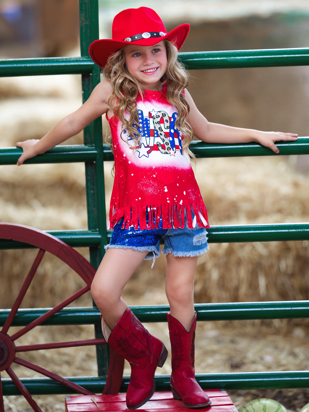 Girls 4th of July Outfits | USA Fringe Top & Sequin Denim Shorts Set