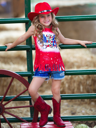 Girls 4th of July Outfits | USA Fringe Top & Sequin Denim Shorts Set