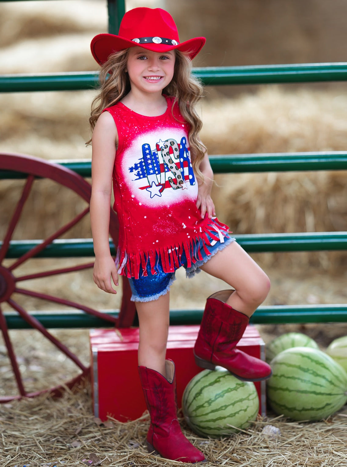 Girls 4th of July Outfits | USA Fringe Top & Sequin Denim Shorts Set
