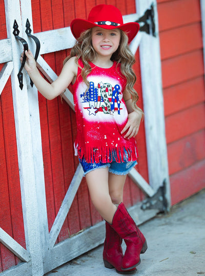 Girls 4th of July Outfits | USA Fringe Top & Sequin Denim Shorts Set
