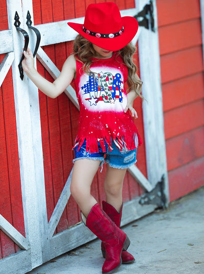 Girls 4th of July Outfits | USA Fringe Top & Sequin Denim Shorts Set