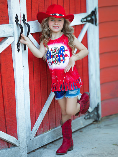 Girls 4th of July Outfits | USA Fringe Top & Sequin Denim Shorts Set