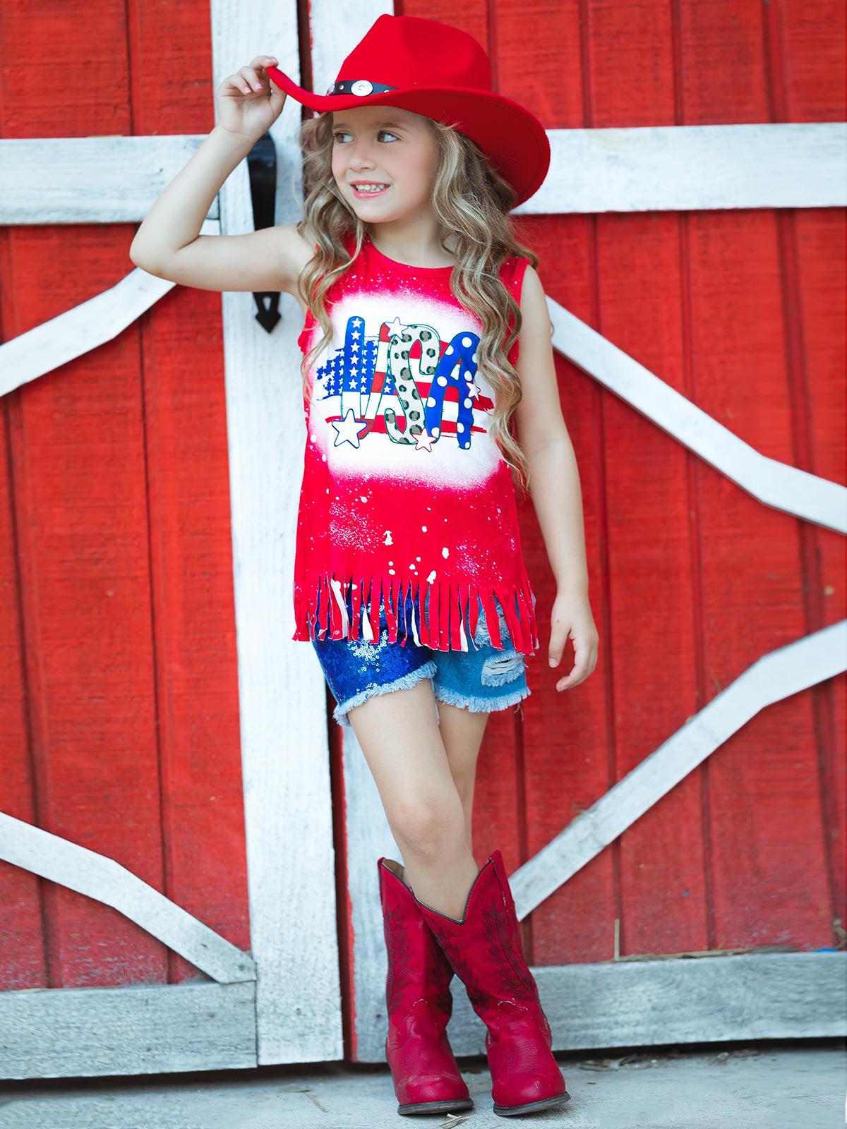 Girls 4th of July Outfits | USA Fringe Top & Sequin Denim Shorts Set