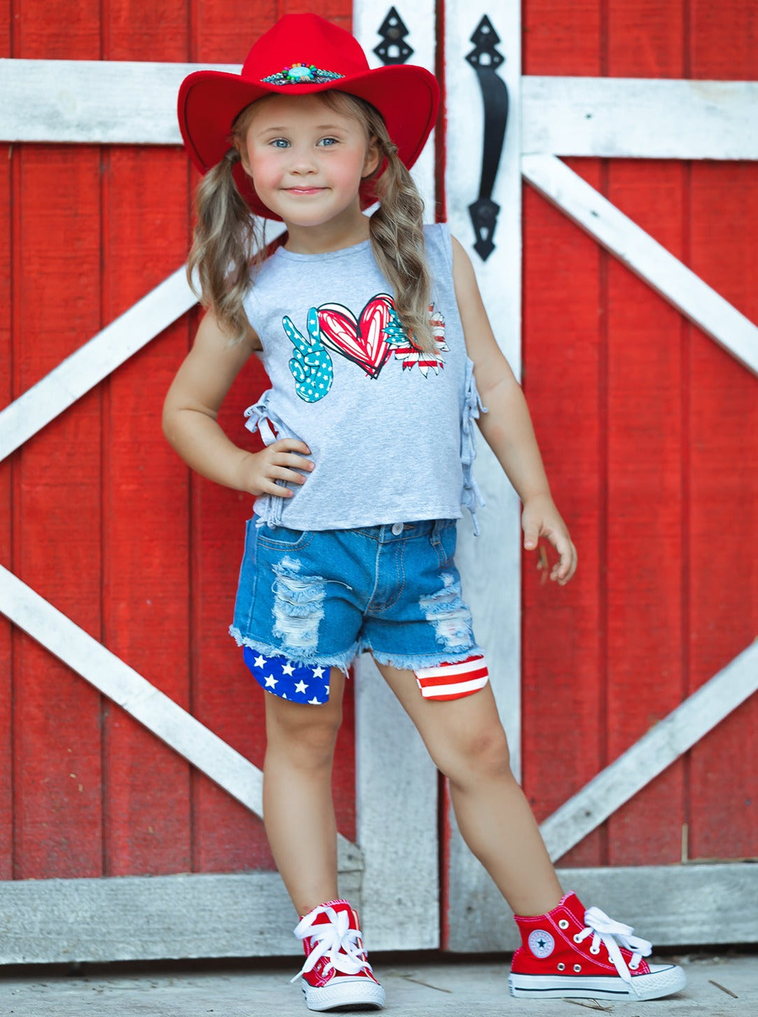 Girls 4th of July Outfits | US Pride Fringed Top & Denim Shorts Set