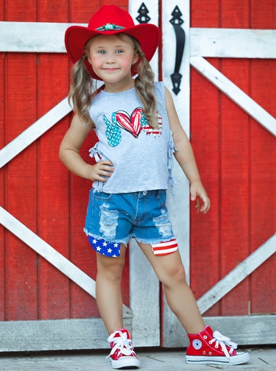 Girls 4th of July Outfits | US Pride Fringed Top & Denim Shorts Set