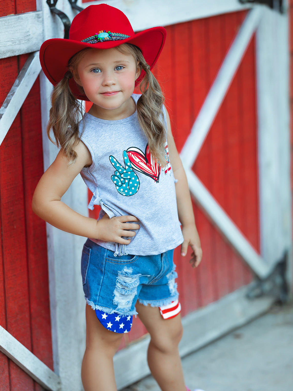 Girls 4th of July Outfits | US Pride Fringed Top & Denim Shorts Set