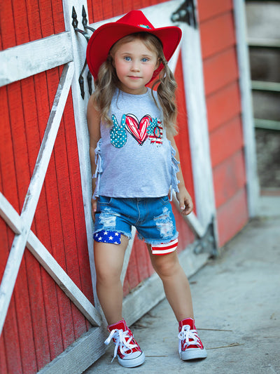 Girls 4th of July Outfits | US Pride Fringed Top & Denim Shorts Set