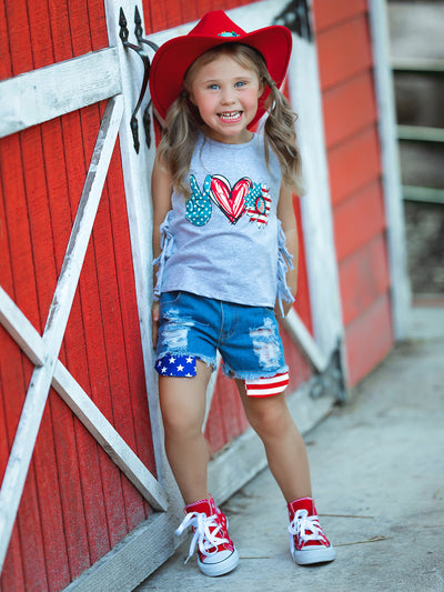 Girls 4th of July Outfits | US Pride Fringed Top & Denim Shorts Set