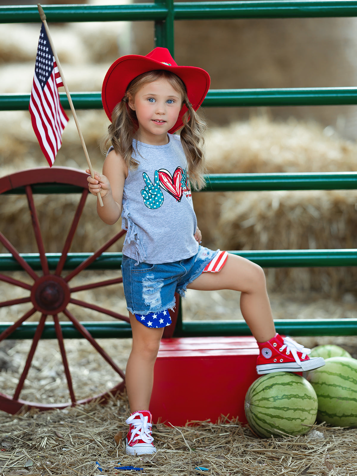 Girls 4th of July Outfits | US Pride Fringed Top & Denim Shorts Set