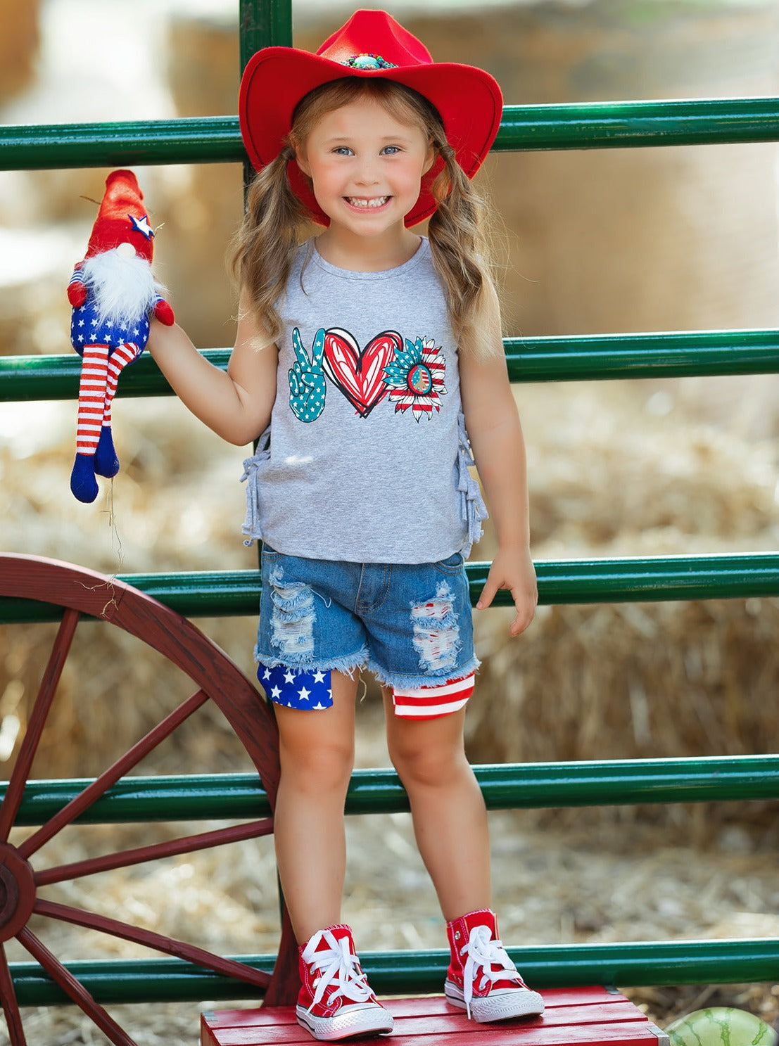 Girls 4th of July Outfits | US Pride Fringed Top & Denim Shorts Set