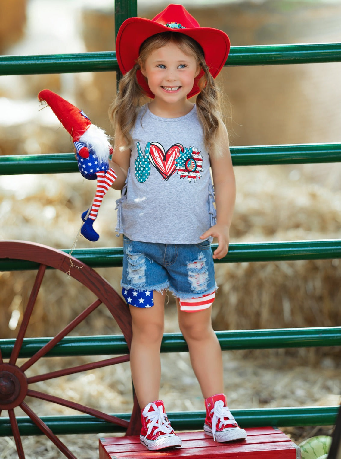 Girls 4th of July Outfits | US Pride Fringed Top & Denim Shorts Set