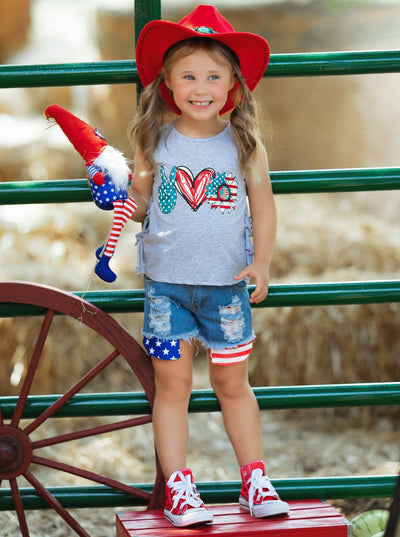 Girls 4th of July Outfits | US Pride Fringed Top & Denim Shorts Set