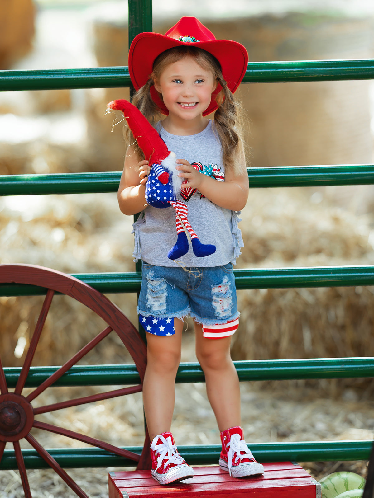 Girls 4th of July Outfits | US Pride Fringed Top & Denim Shorts Set