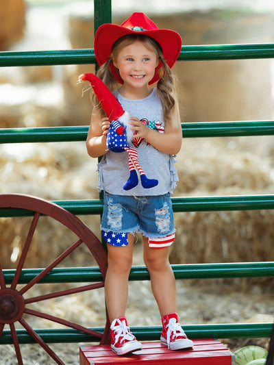 Girls 4th of July Outfits | US Pride Fringed Top & Denim Shorts Set