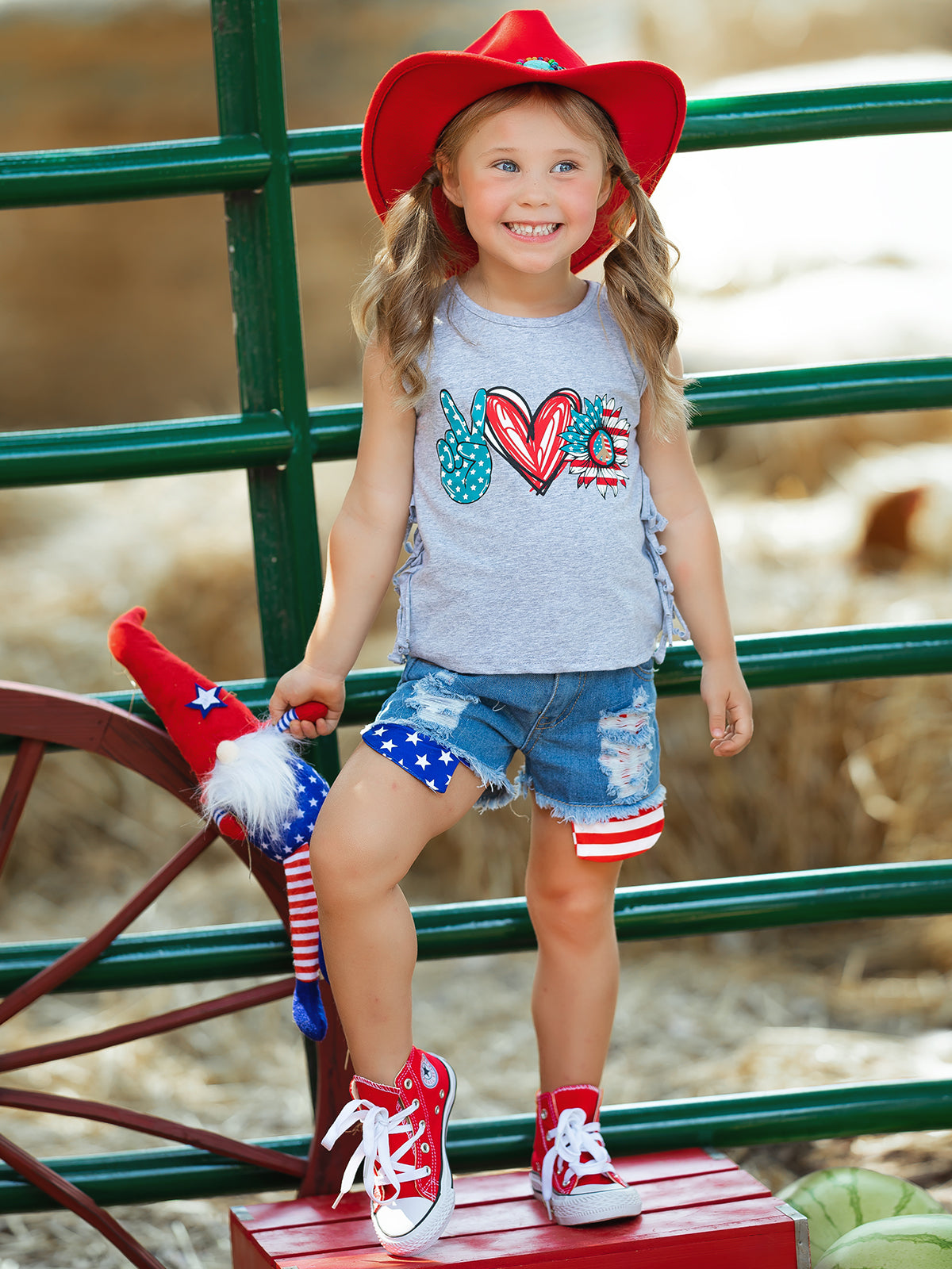 Girls 4th of July Outfits | US Pride Fringed Top & Denim Shorts Set
