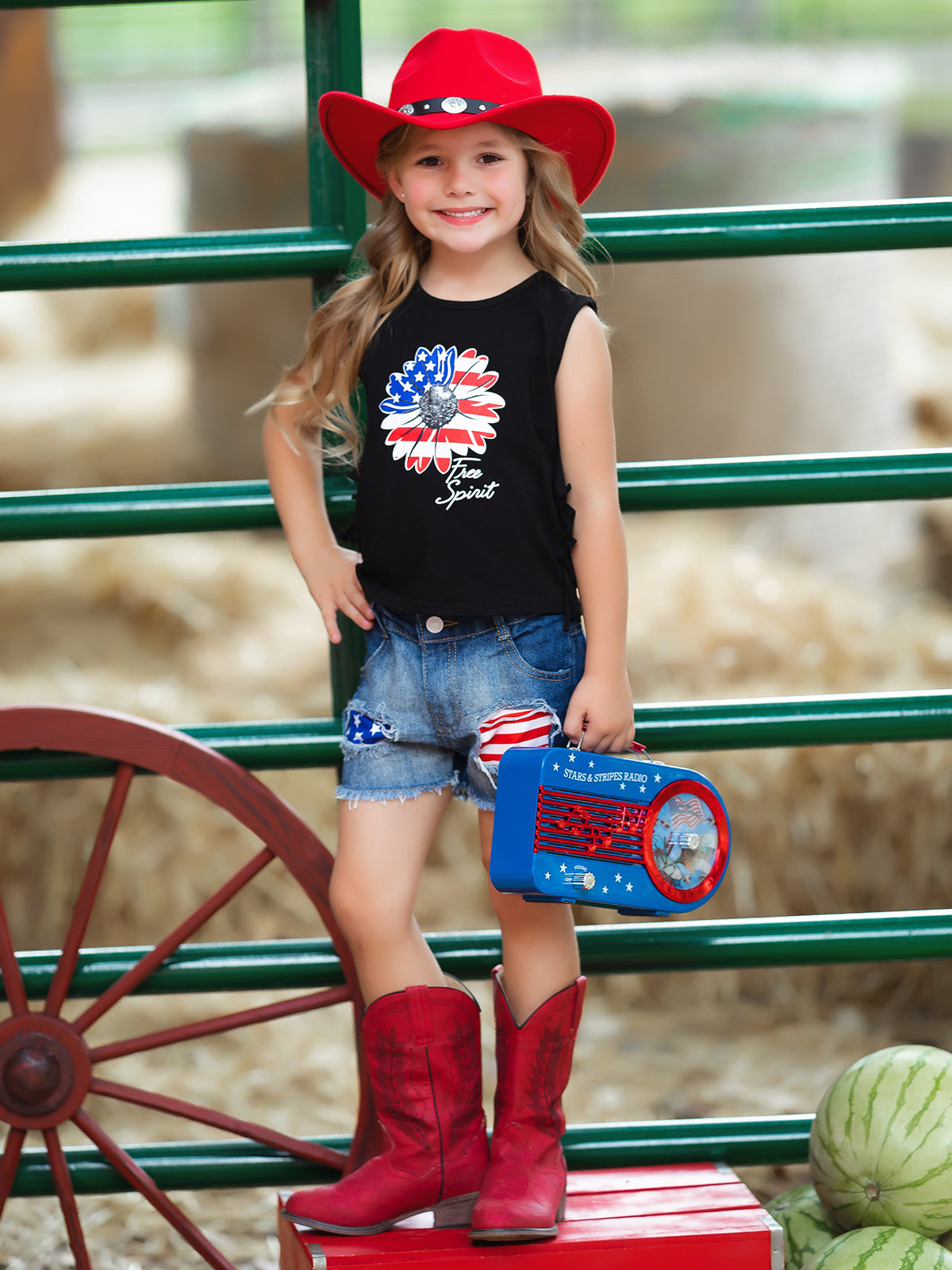 Girls 4th of July Sets | US Flag Flower Fringed Top & Denim Shorts Set