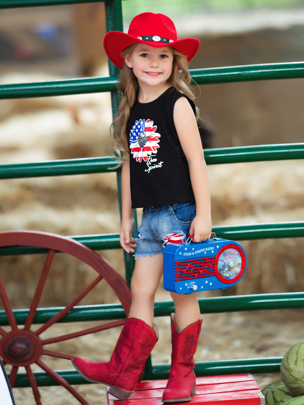 Girls 4th of July Sets | US Flag Flower Fringed Top & Denim Shorts Set