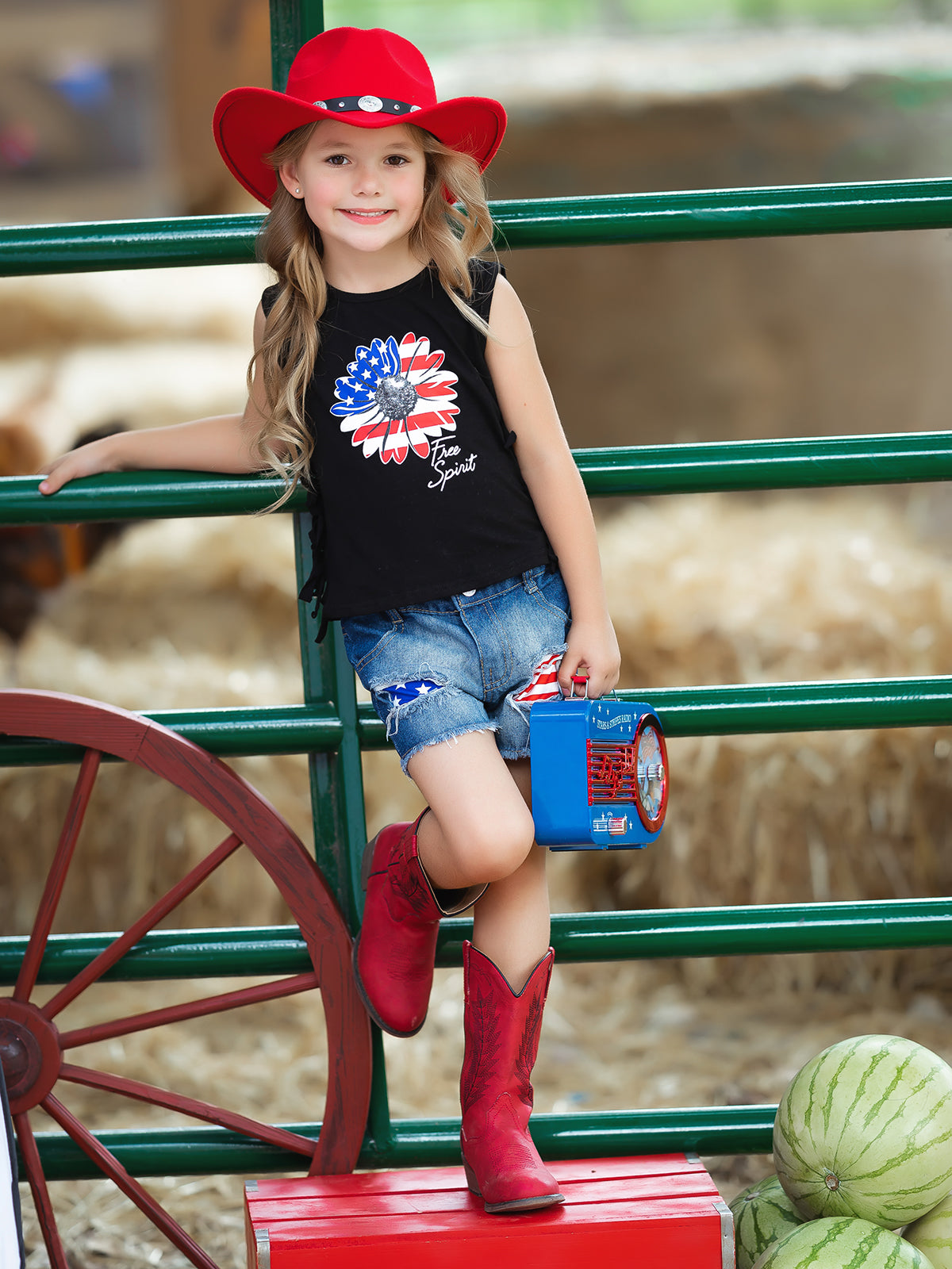 Girls 4th of July Sets | US Flag Flower Fringed Top & Denim Shorts Set