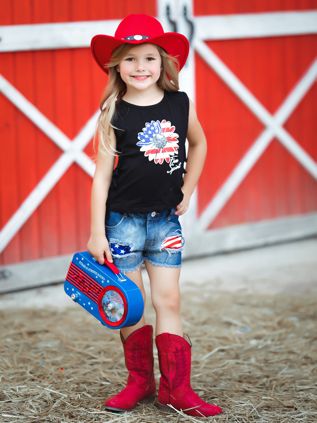 Girls 4th of July Sets | US Flag Flower Fringed Top & Denim Shorts Set