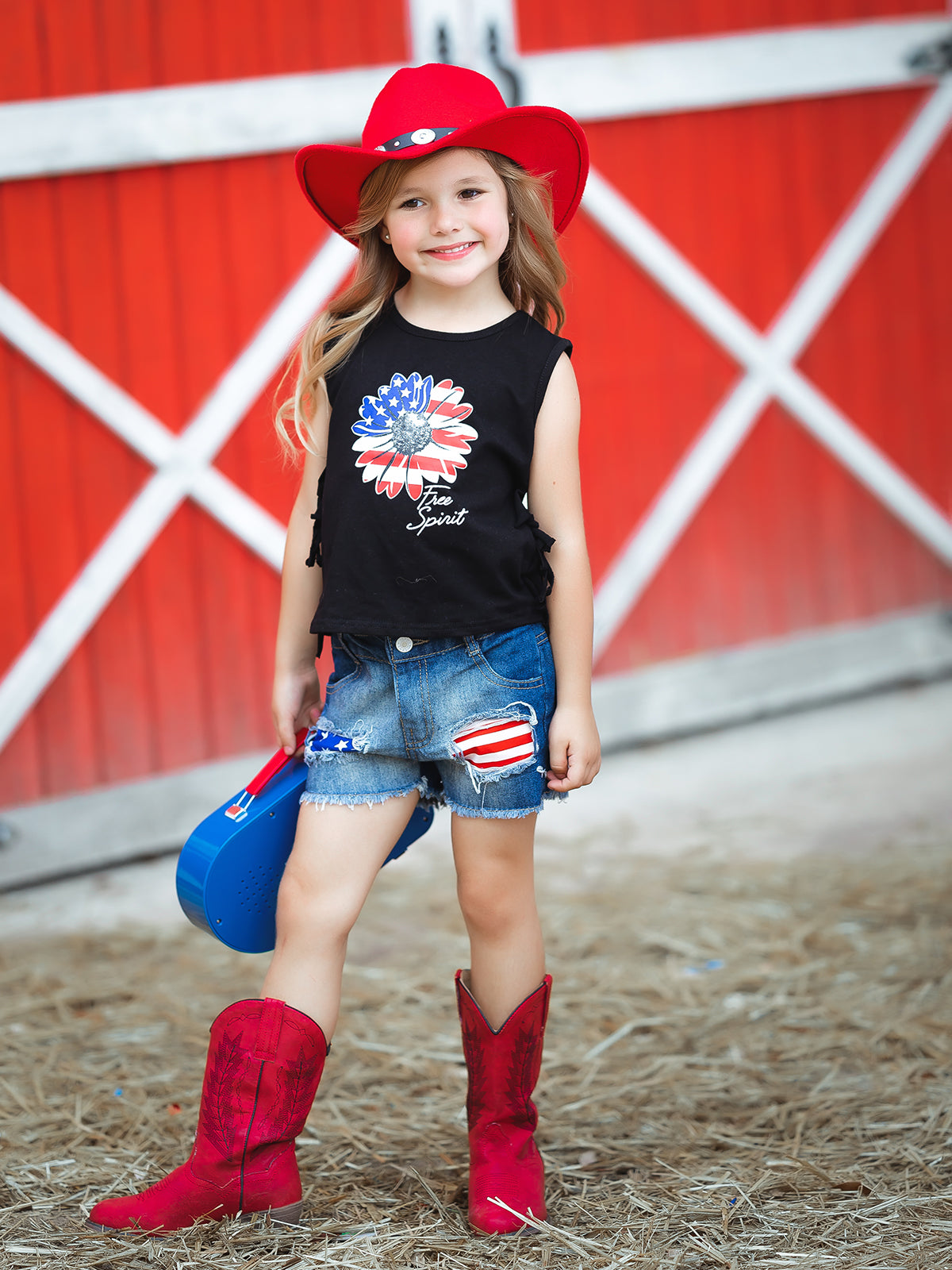 Girls 4th of July Sets | US Flag Flower Fringed Top & Denim Shorts Set