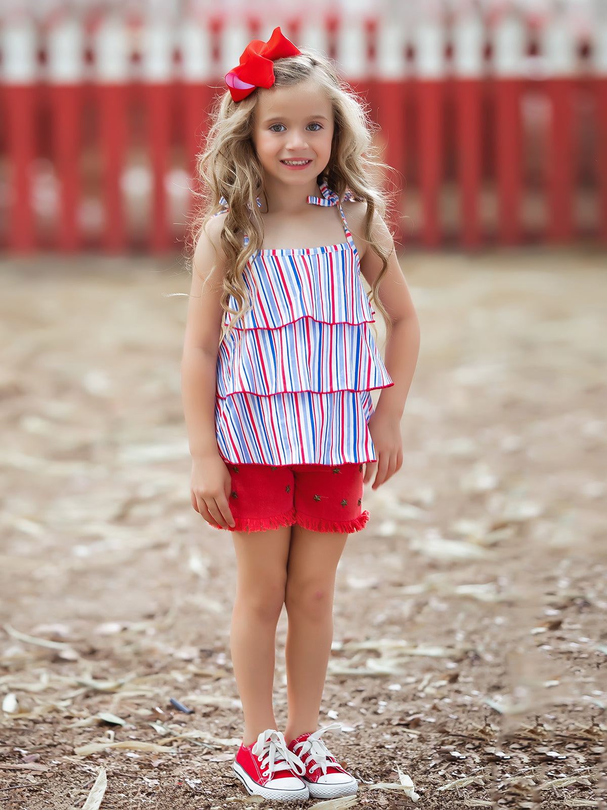Girls 4th of July Sets | Tiered Halter Top & Frayed Denim Shorts Set