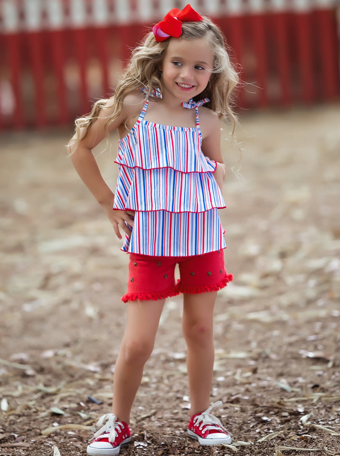 Girls 4th of July Sets | Tiered Halter Top & Frayed Denim Shorts Set