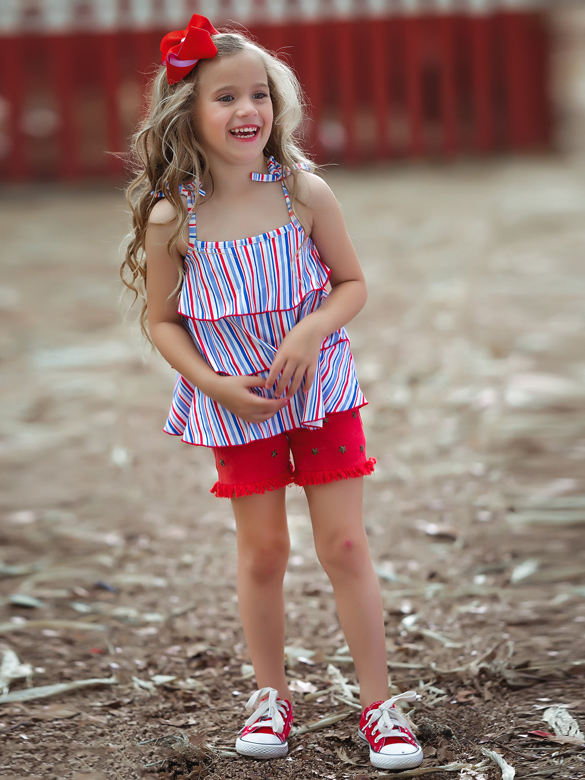 Girls 4th of July Sets | Tiered Halter Top & Frayed Denim Shorts Set