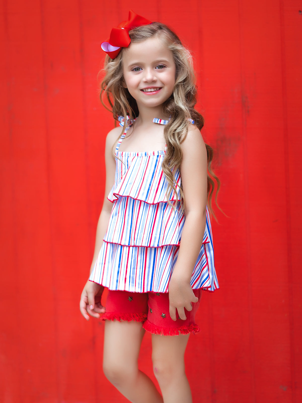 Girls 4th of July Sets | Tiered Halter Top & Frayed Denim Shorts Set
