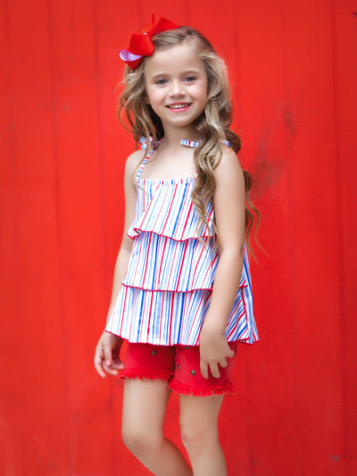 Girls 4th of July Sets | Tiered Halter Top & Frayed Denim Shorts Set