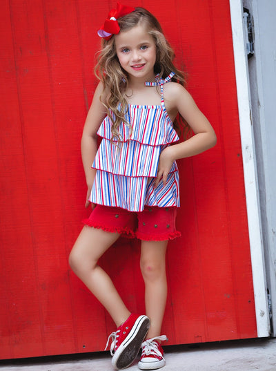 Girls 4th of July Sets | Tiered Halter Top & Frayed Denim Shorts Set