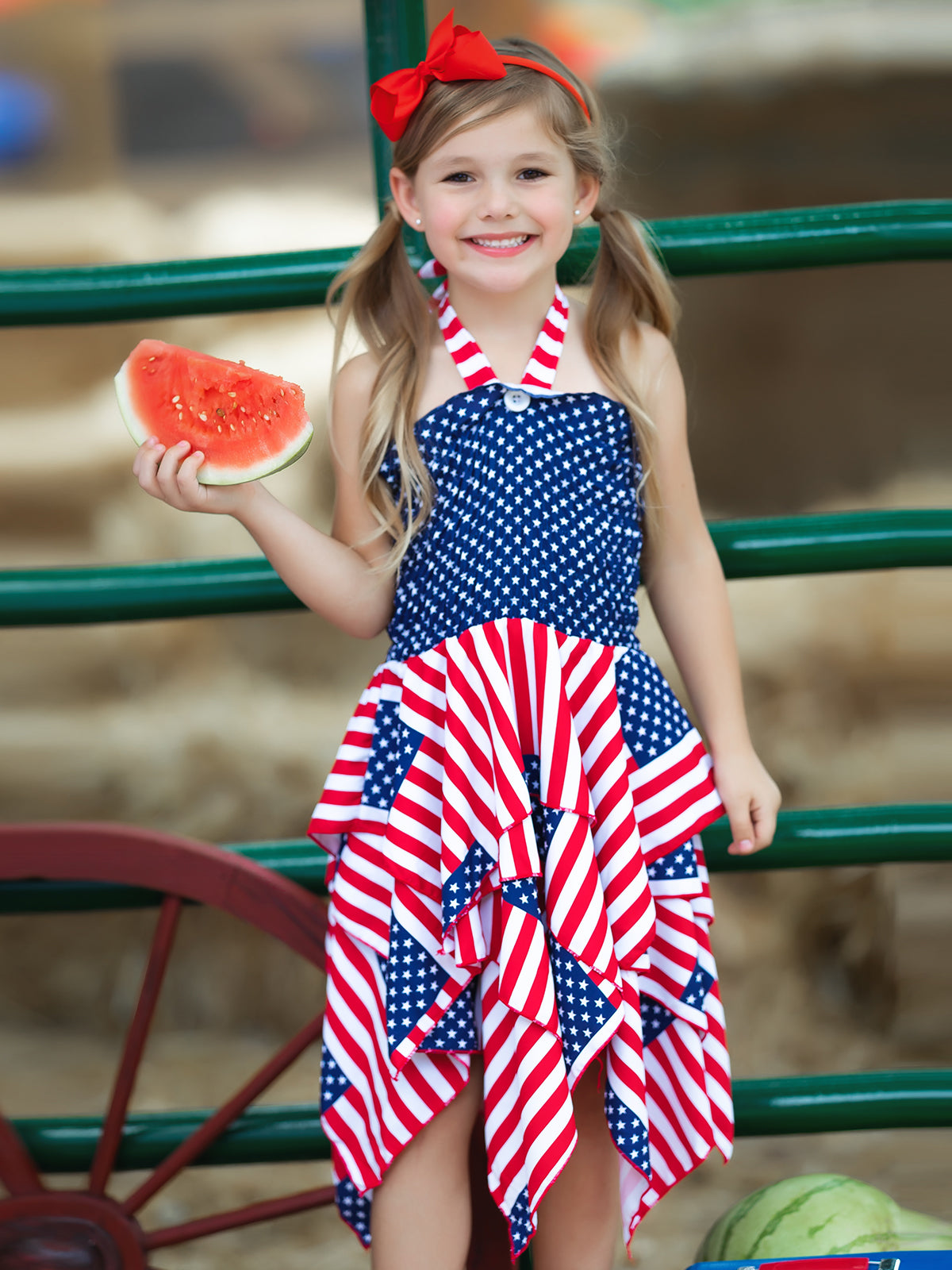 Girls 4th of July Dresses | US Flag Smocked Top Handkerchief Dress