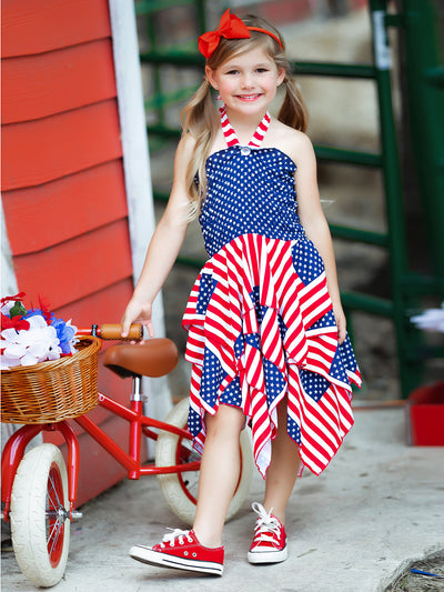 Girls 4th of July Dresses | US Flag Smocked Top Handkerchief Dress