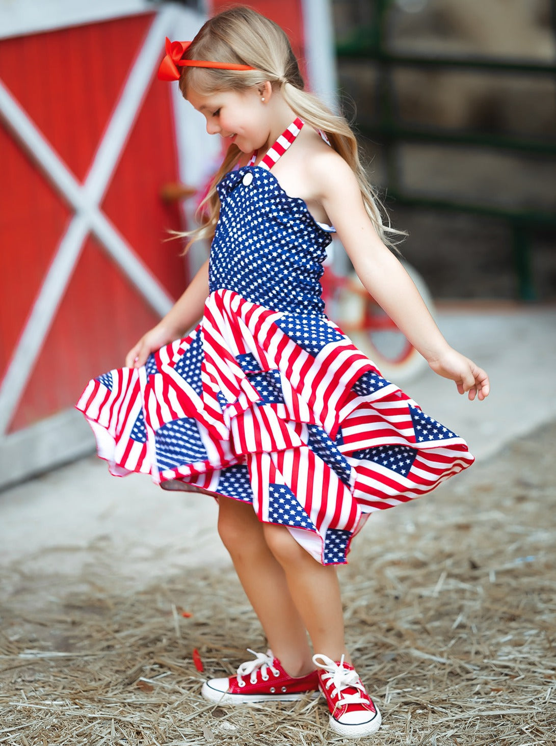 Girls 4th of July Dresses | US Flag Smocked Top Handkerchief Dress