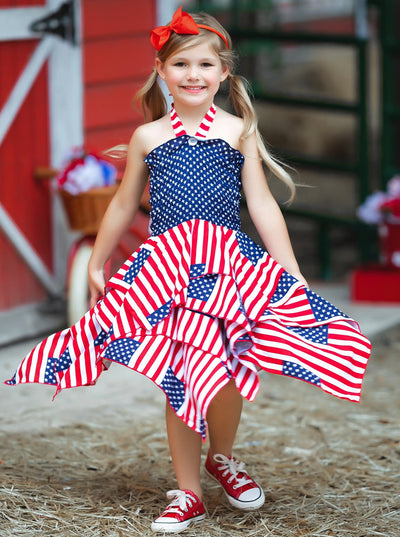 Girls 4th of July Dresses | US Flag Smocked Top Handkerchief Dress