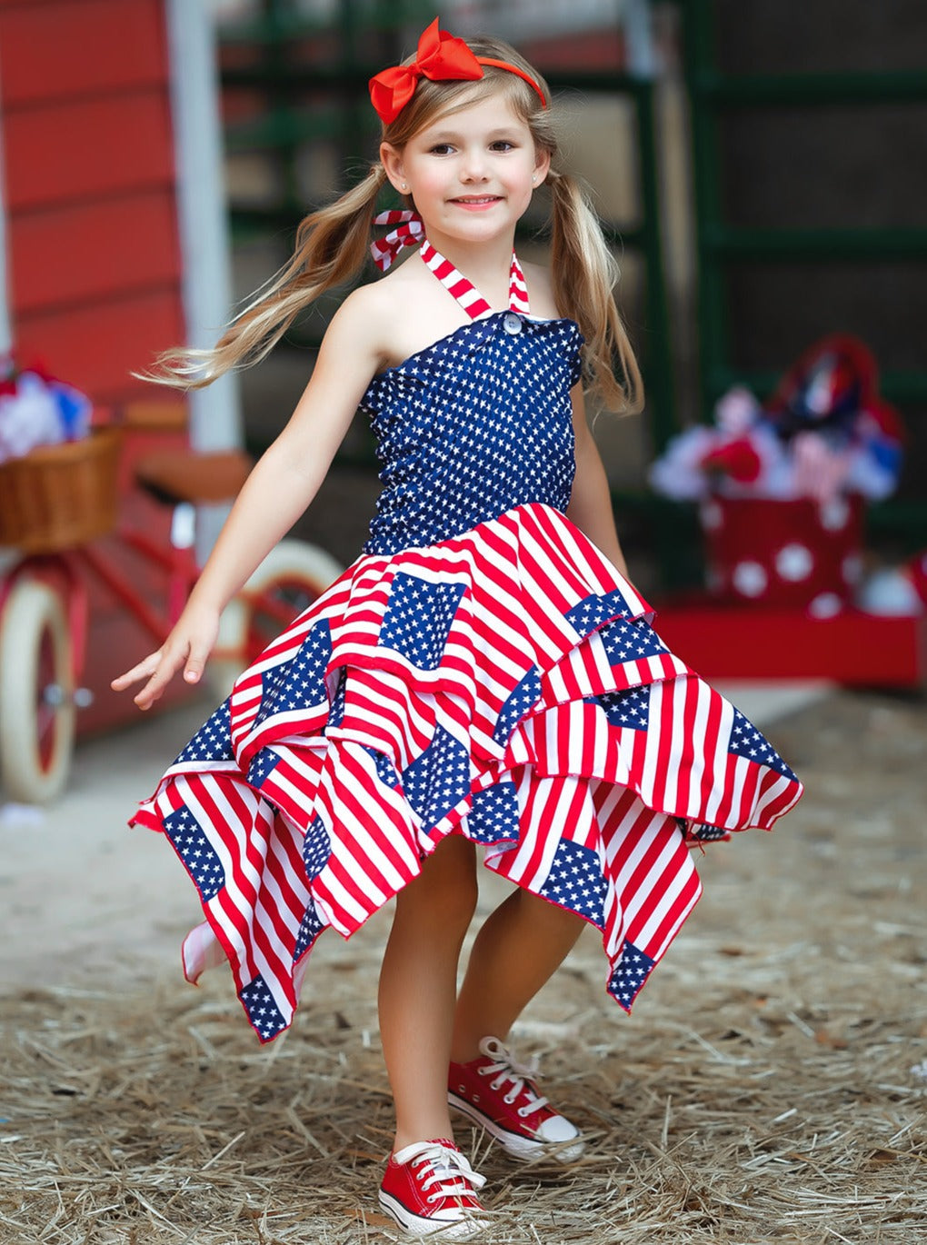Girls 4th of July Dresses | US Flag Smocked Top Handkerchief Dress