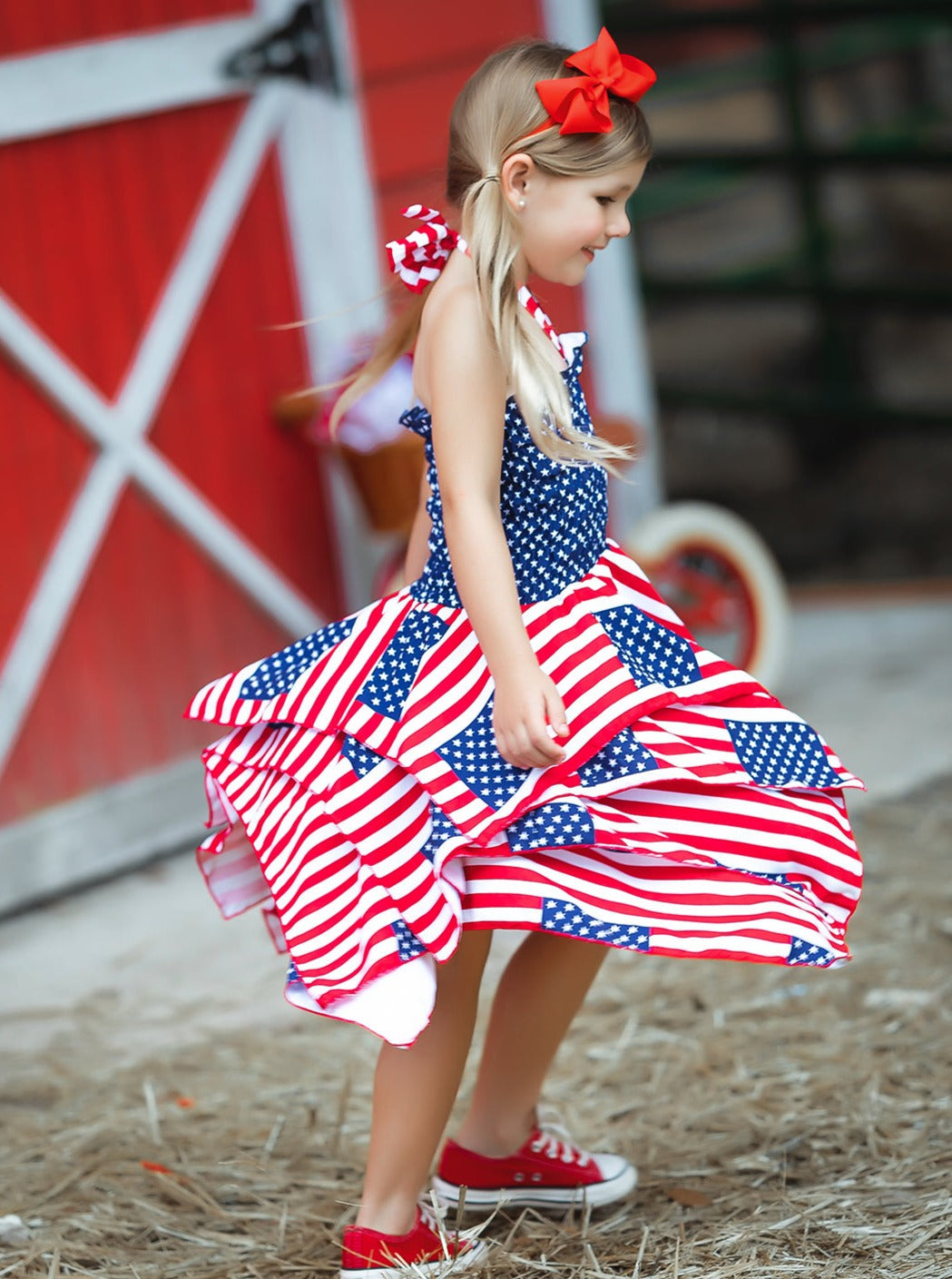 Girls 4th of July Dresses | US Flag Smocked Top Handkerchief Dress