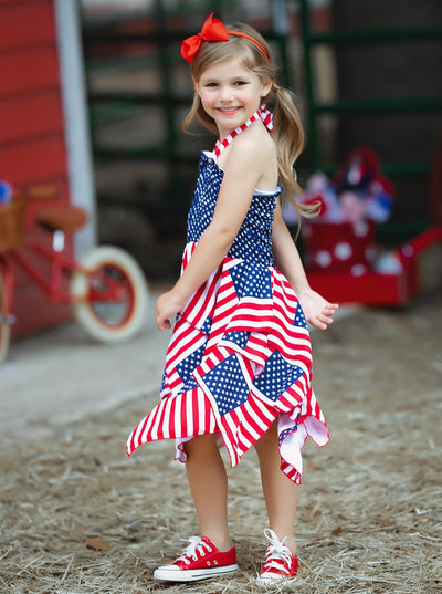 Girls 4th of July Dresses | US Flag Smocked Top Handkerchief Dress