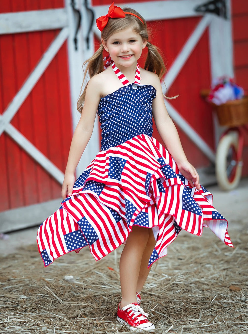Girls 4th of July Dresses | US Flag Smocked Top Handkerchief Dress