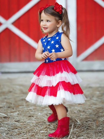 Girls 4th Of July Dresses | Sleeveless USA Flag Tiered Tutu Dress
