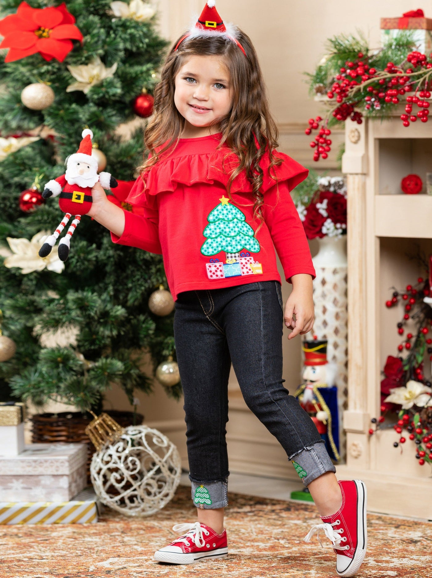 Cute Winter Sets | Girls Christmas Ruffle Bib Top & Cuffed Jeans Set