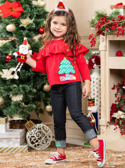 Cute Winter Sets | Girls Christmas Ruffle Bib Top & Cuffed Jeans Set