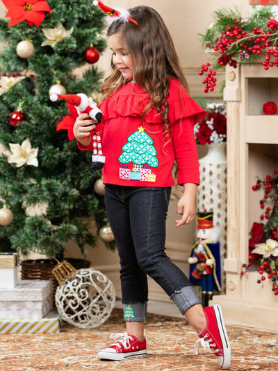 Cute Winter Sets | Girls Christmas Ruffle Bib Top & Cuffed Jeans Set