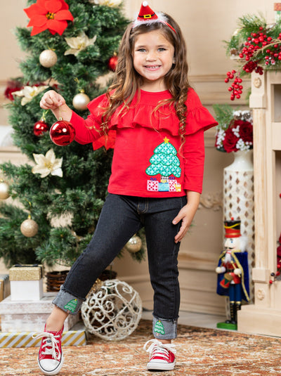 Cute Winter Sets | Girls Christmas Ruffle Bib Top & Cuffed Jeans Set