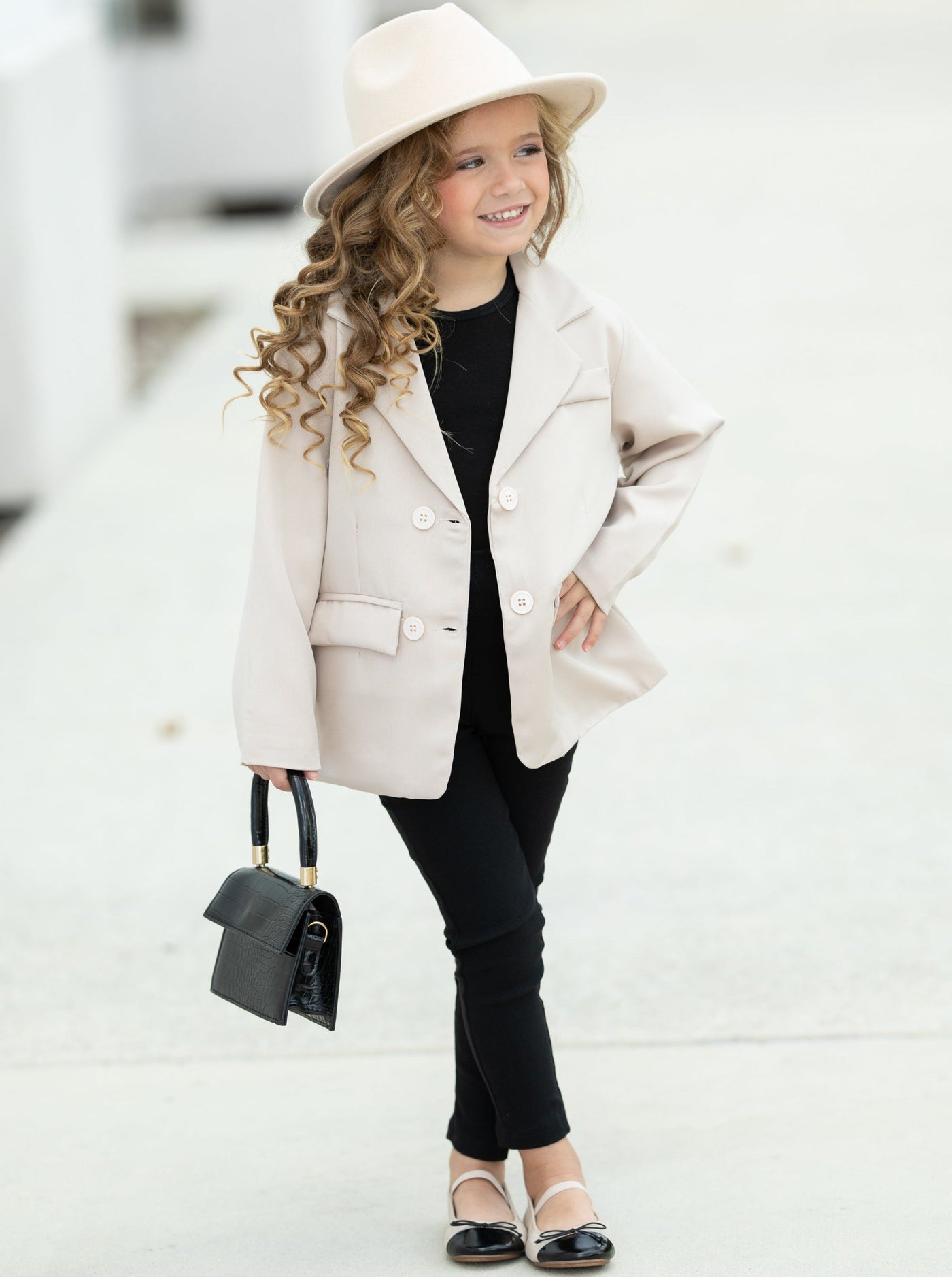 Toddler Clothing Sale | Little Girls Double-Button Beige Blazer Jacket
