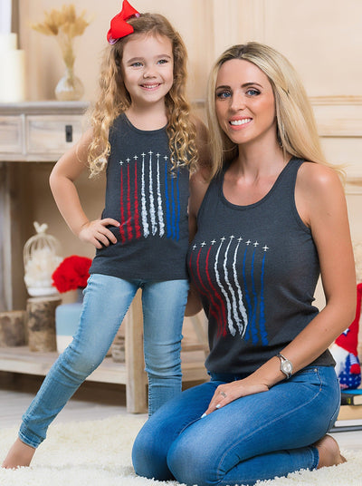 Mommy and Me grey tank top features a plane air show print with patriotic colors